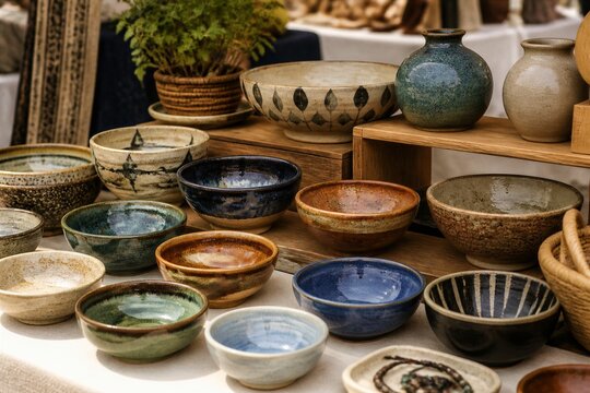 Assorted ceramic bowls arranged on outdoor market table