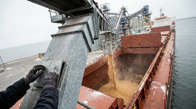 Industrial grain loading process on a bulk carrier ship with a worker inspecting the cargo flow in a port