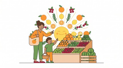 Fototapeta premium Mother and son choosing fresh produce at a festive grocery store market with a stylized sun and fruit illustration background representing healthy eating and family shopping for a seasonal feast.