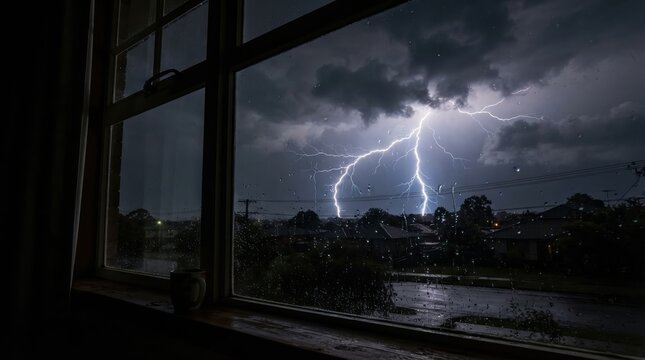 Severe thunderstorm with lightning striking over residential neighborhood seen through a window