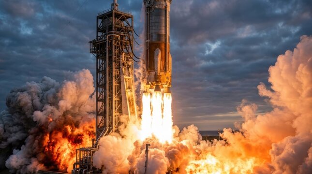 Space rocket launching with massive fire and smoke clouds from launch pad