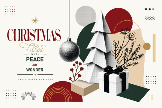 Geometric Origami Christmas Tree with Gift Box and Ornament Ball for Christmas, Filled with Peace, Joy, and Wonder Typography. Elegant Holiday Greeting Card in Modern Halftone Style