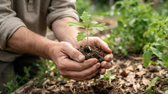 Person holding a young oak tree sapling with soil in hands