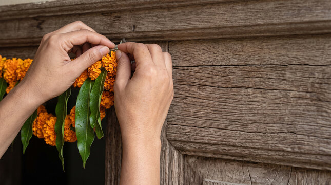 Hands laying dense marigold toran along antique carved wooden lintel
