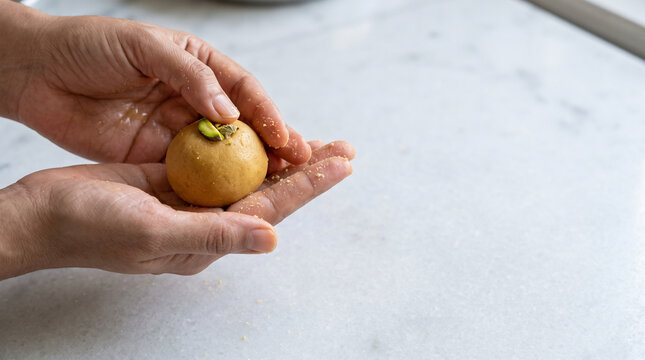 Hands shaping golden roasted chickpea ladoo with slivered pistachio