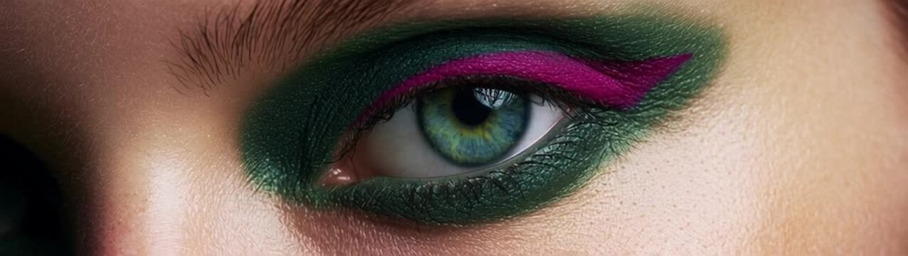 A striking close-up highlights the Chromatic Iris Contrast, showcasing a mesmerizing hazel eye framed by bold, deep green eyeshadow and a sharp stroke of vibrant magenta eyeliner