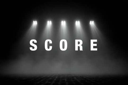 Bright stadium lights illuminate the bold text in Spotlight on the Score, casting dramatic vertical beams through a smoky, atmospheric mist against a stark black background