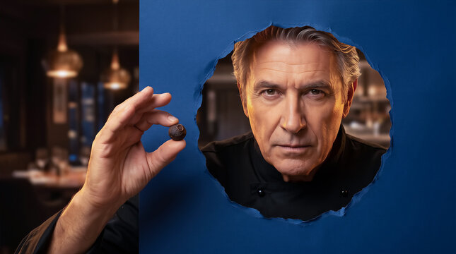 Mature male chef looking at camera through torn blue paper, holding single spice berry in hand, restaurant background. Culinary arts, gastronomy, fine dining.
