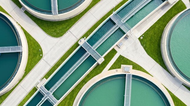 top down aerial view of wastewater treatment basins and circular clarifiers with turquoise water channels