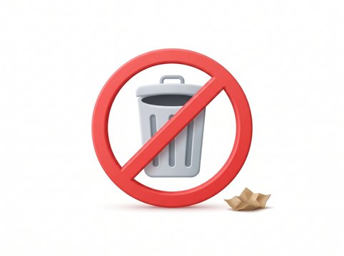 Striking 3D illustration of a forbidden trash can symbol, clearly communicating a no littering policy for promoting environmental cleanliness and proper waste disposal habits