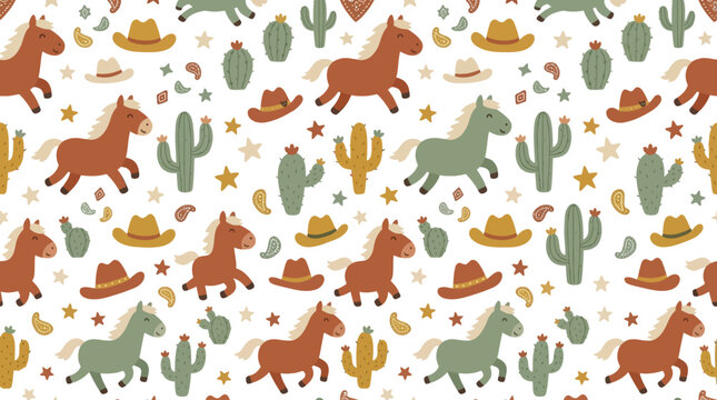 Cute Cowboy Horse and Cactus Pattern - Western Kids Fabric Design
