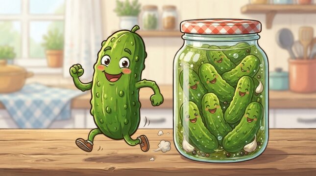 Cute cartoon pickle escaping from a glass jar on a kitchen counter