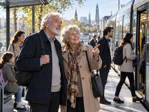 &Auml;lteres Paar spaziert gemeinsam durch belebte Stadt als Konzept f&uuml;r aktives Altern Partnerschaft und urbanes Leben