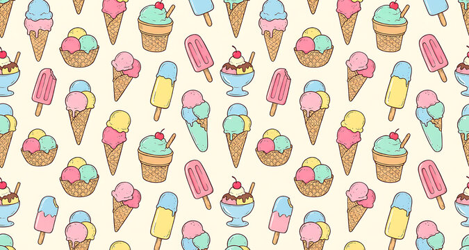 Seamless pastel pattern of hand drawn ice cream cones popsicles and sundaes on cream