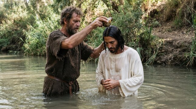 Man baptizing another man in a river