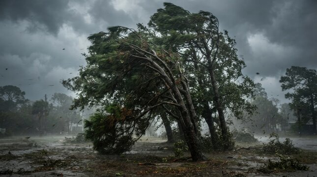 Trees bending violently in strong winds during severe storm