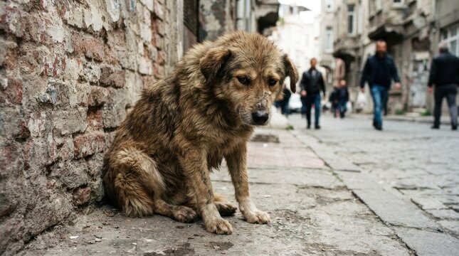 Sad stray dog sitting on the sidewalk next to a brick wall