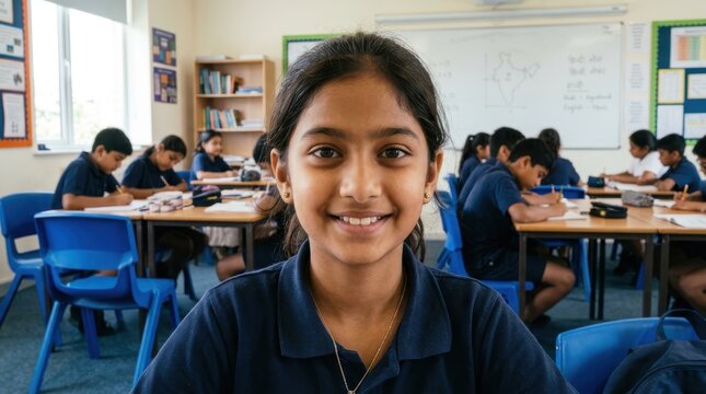 Smiling South Asian schoolgirl in a classroom