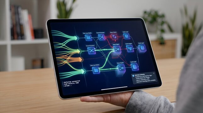 Digital diagram of data processing on a tablet screen