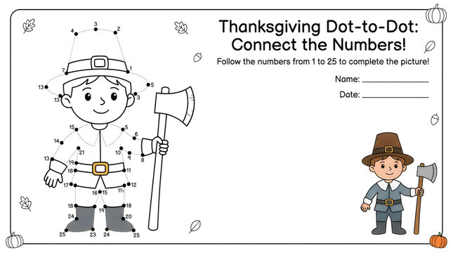 Thanksgiving Dot-to-Dot Activity Sheet with Pilgrim Boy and Ax for Kids Educational Printable