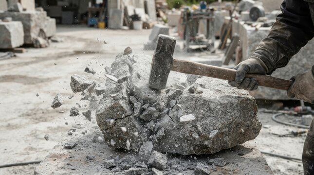Stonemason hitting a large granite rock with a sledgehammer