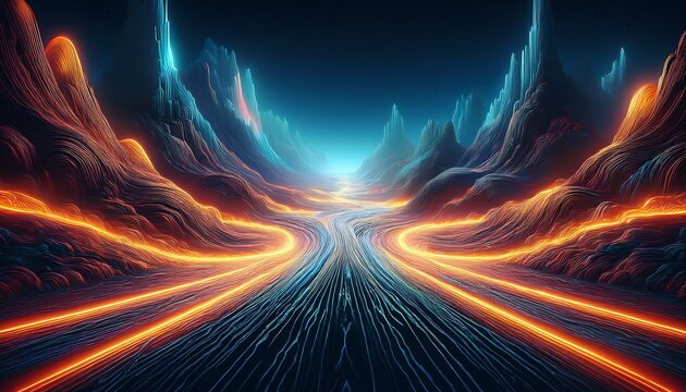 Vibrant Glowing Energy Pathways Illuminate A Textured Dark Abstract Landscape