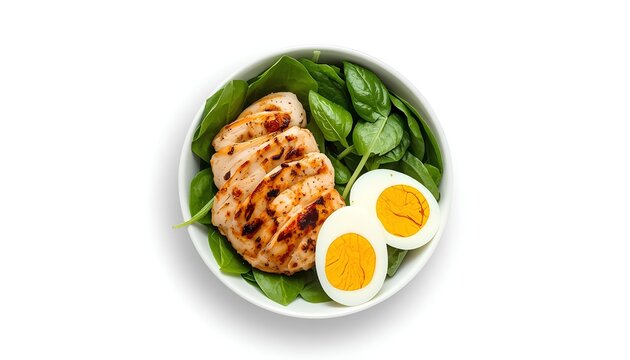 Top down flat lay view of a healthy keto diet bowl with grilled chicken breast, hard boiled egg, and fresh spinach isolated on a pure white background