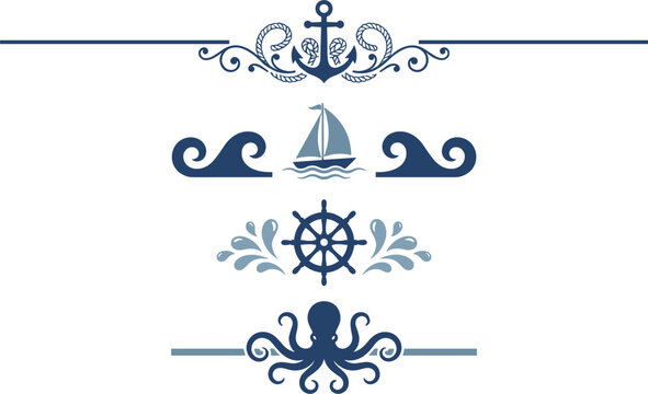 Nautical decorative border dividers set ocean anchor sailboat wheel elements collection vector vintage graphic illustration