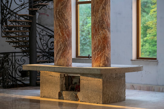 Abandoned luxury mansion interior with marble hall, ornate fireplace, swimming pool and glass facade