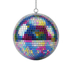 Fototapeta premium Sparkling disco ball with colorful mirror tiles isolated on transparent background