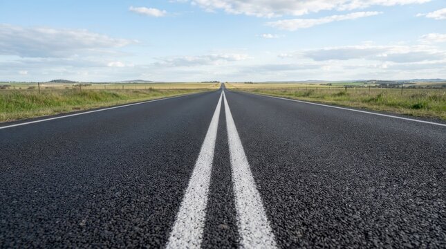 Empty asphalt road with double white lines leading to horizon