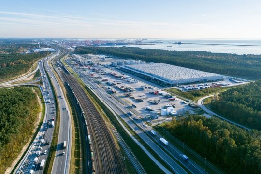 Large industrial area with trucks and cars near a port and highway