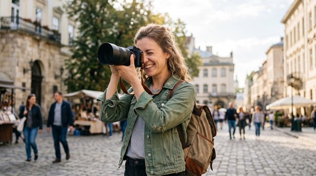 Young woman photographing city street with camera on a sunny day  