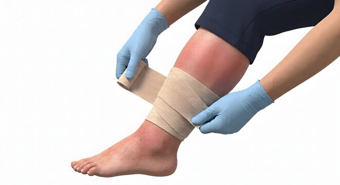 Medical 3D Render of a Healthcare Professional Applying an Elastic Compression Bandage to a Swollen Red Calf