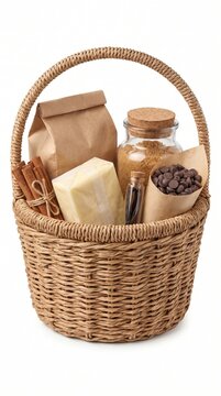 Woven grocery basket filled with baking ingredients including brown sugar cinnamon sticks butter and chocolate chips for holiday desserts on a white background.