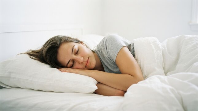 Young woman sleeping peacefully in bed with white pillows and duvet