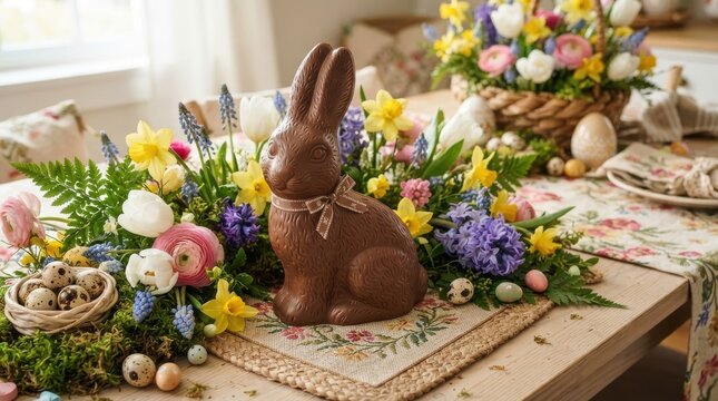 Chocolate Easter bunny on table decorated with spring flowers and eggs