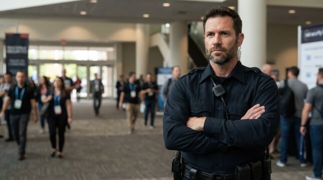 Professional security guard standing with arms crossed at a conference center