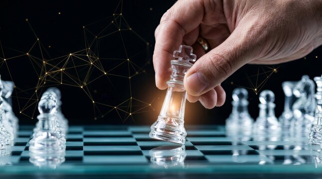 A hand moves a glass chess piece on a transparent board for strategic digital consulting.