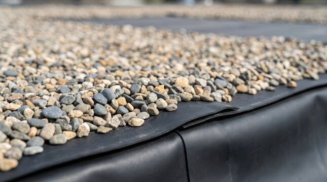 Gravel spread evenly over a waterproof membrane on a traditional ballasted roof system.