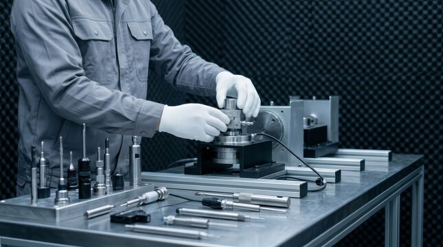Engineer performing random sampling inspection of various tools in a vibration test cell.