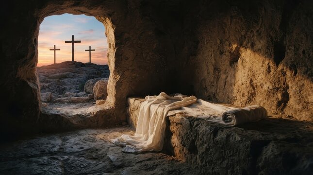 Empty tomb of Jesus with burial shrouds and three crosses on hill at sunrise