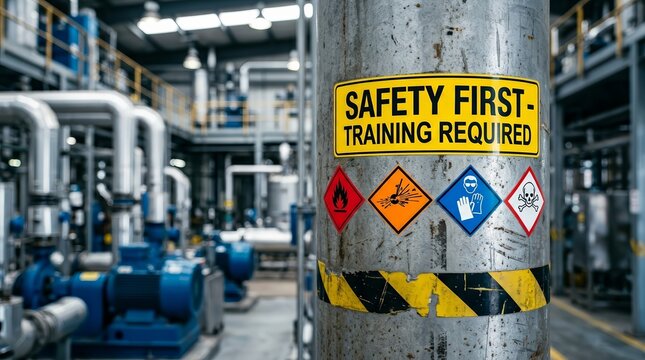 Closeup of safety signage and colorcoded hazard labels in a chemical plant.