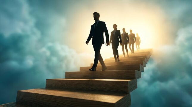 Business executives climbing wooden stairs to maintain focus on strategic goals.