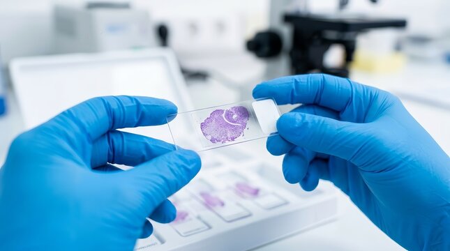 A medical laboratory professional holding a histology slide with purple stained cells for research.