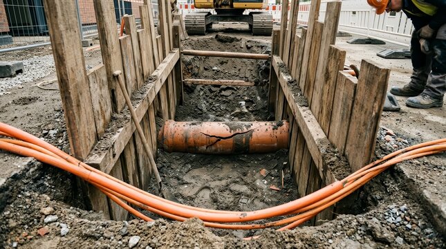 Broken clay sewer pipe with a visible crack in an excavated trench.