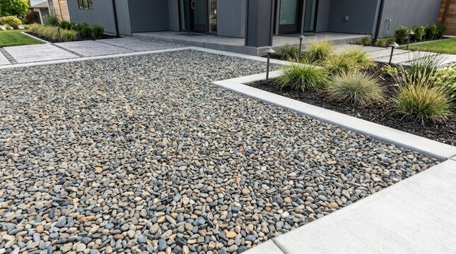 Detailed closeup of a gravel driveway and garden bed border for landscaping.