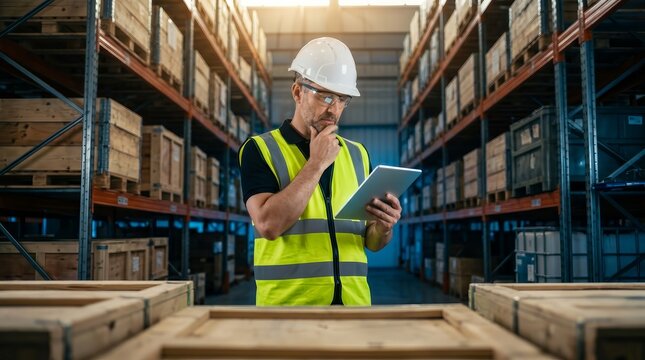 A man warehouse worker and storekeeper using an electronic tablet in a large industrial hangar.
