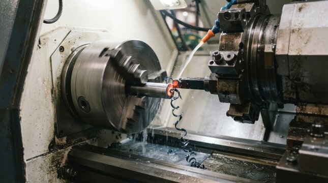 Industrial CNC lathe machining metal rod with coolant stream and metal shavings