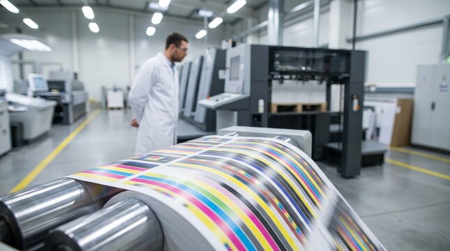 A professional factory operator manages a modern printing process on a large machine.